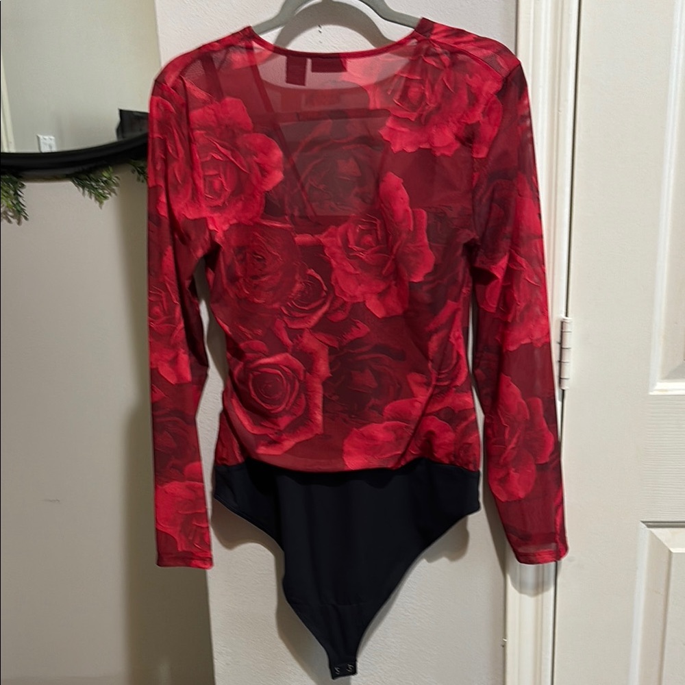Koral Red and Black Long Sleeve Wrap Bodysuit - Picture 4 of 5